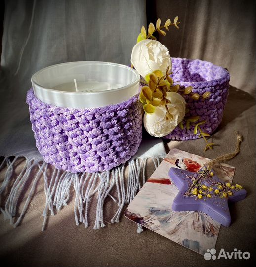 Интерьерная вязаная корзина/свеча в корзине