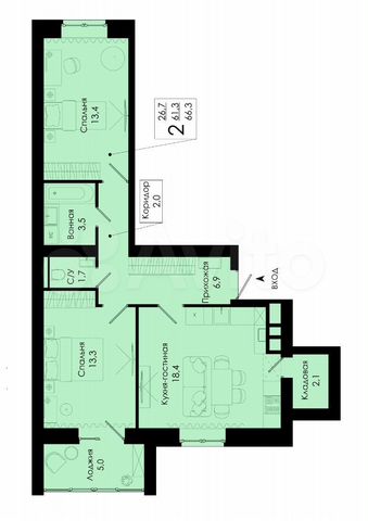 2-к. квартира, 66,3 м², 8/10 эт.