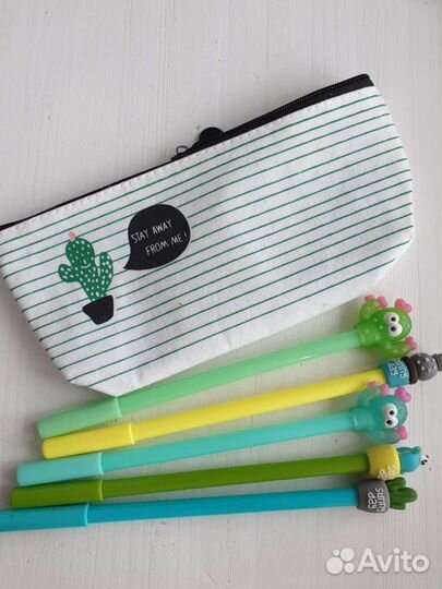 Новый школьный пенал и 5 ручек с кактусами