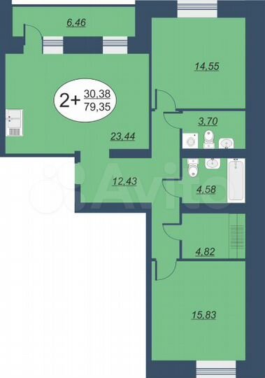 2-к. квартира, 79 м², 2/16 эт.