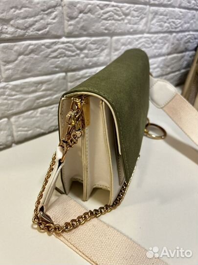 Сумка женская зеленая замша, белая кожа