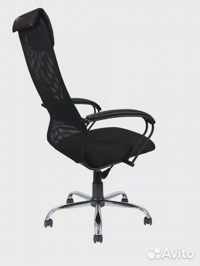 Кресло руководителя Кр76 Х, с подголовником, ткань/сетка черный, крестовина хром(арт.799644)