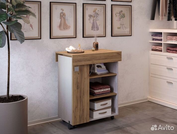 Тумба Тео с гладильной доской (Дуб крафт/Ясень бел