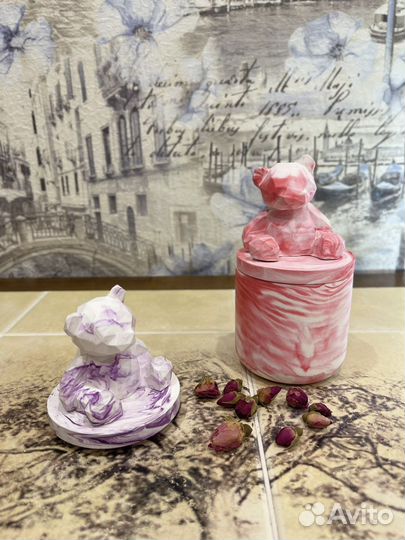 Свечи с цветами и мишкой, роза и пион