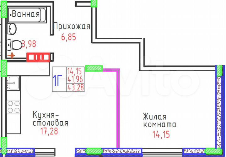 1-к. квартира, 43,3 м², 2/9 эт.