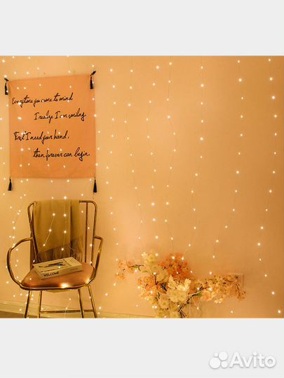 Гирлянда штора с пультом, USB занавес, медная нить