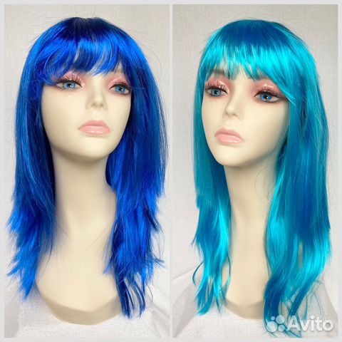 Парик синий голубой прямой с чёлкой