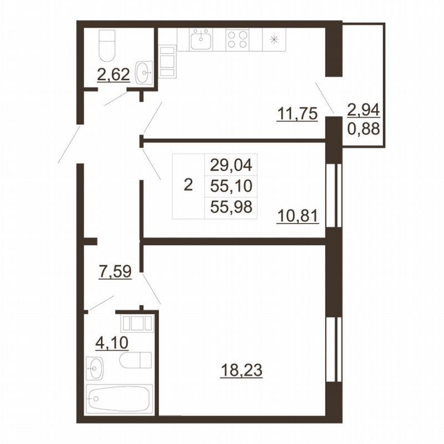 2-к. квартира, 56 м², 4/6 эт.