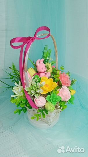 Мыльный букет в корзине ручной работы