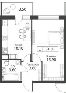 1-к. квартира, 34 м², 5/14 эт.