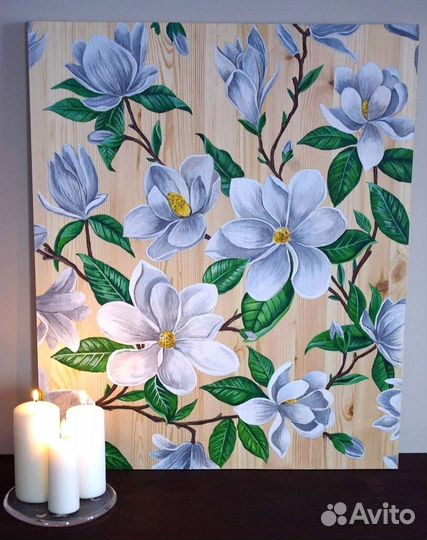 Деревянное панно с цветами Магнолии интерьерная