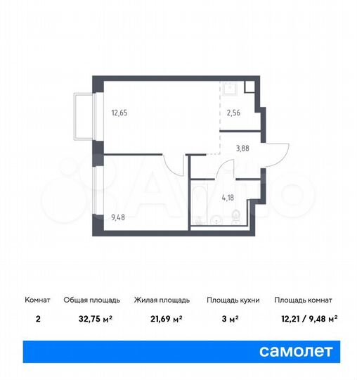 2-к. квартира, 32,8 м², 2/17 эт.