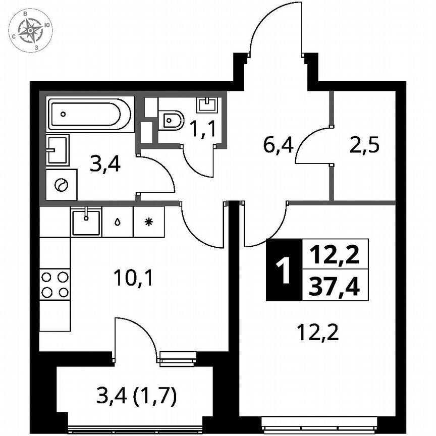 1-к. квартира, 37,4 м², 2/12 эт.
