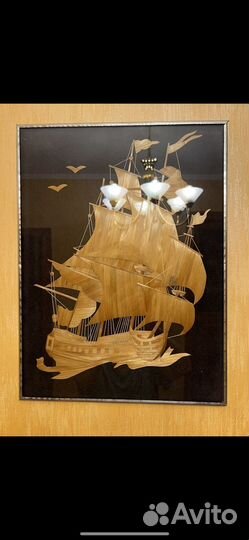 Картина Парусный Фрегат из соломки 1970-80 гг