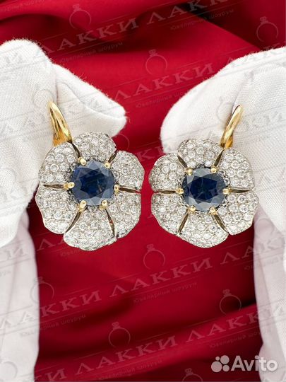 Золотые серьги с сапфирами и брилл 750 / 15.62 гр