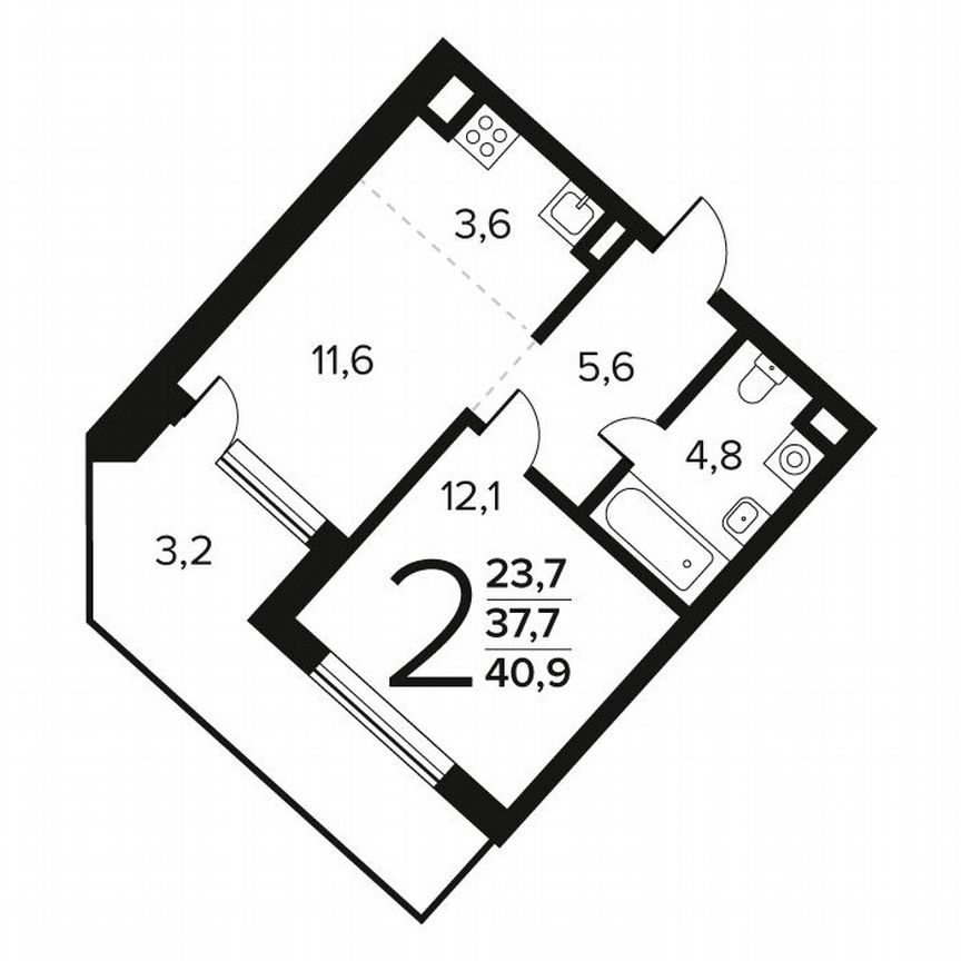 2-к. квартира, 40,9 м², 1/12 эт.