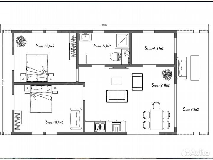 Каркасный дом «Верея»: 60 м² l 6х13 м²