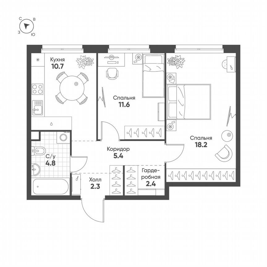 2-к. квартира, 55,4 м², 2/5 эт.