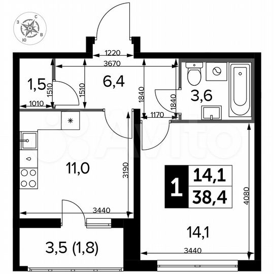 1-к. квартира, 38,4 м², 17/24 эт.