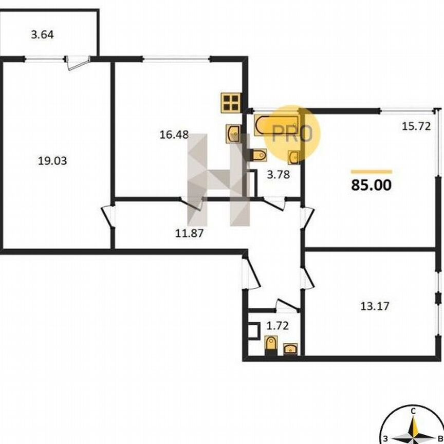 3-к. квартира, 85 м², 2/4 эт.