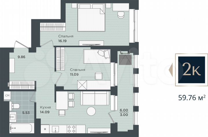 2-к. квартира, 59,8 м², 11/24 эт.