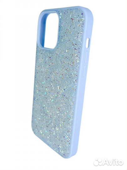 Чехол на iPhone 13 небесно-голубой со стразами