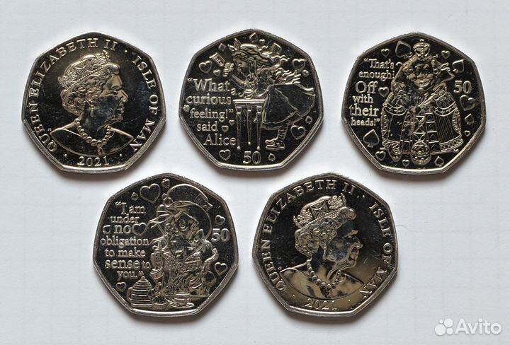 Набор 50 пенсов: Алиса оба вида, Англия / Мэн