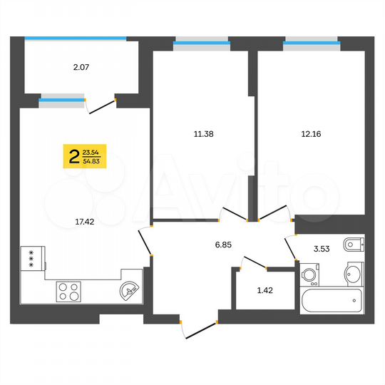 2-к. квартира, 54,8 м², 17/18 эт.