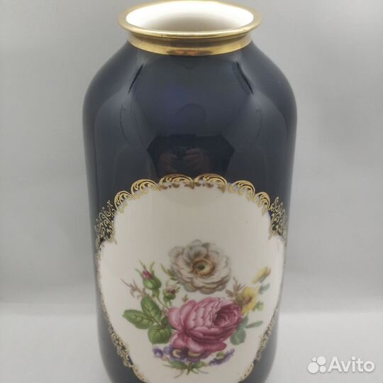 Ваза фарфор кобальт с цветами Линднер, Германия