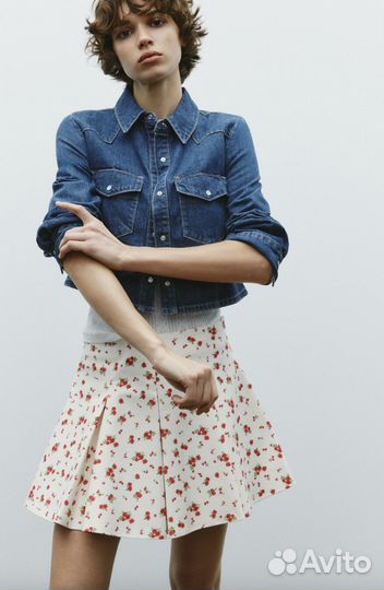 Zara юбка в складку с цветочным принтом хлопок