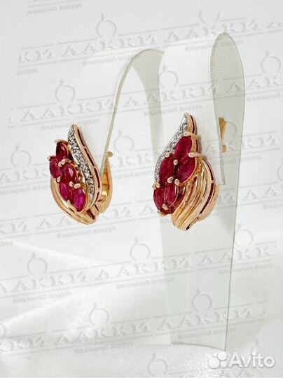 Золотые серьги с бриллиантами, рубин 585 / 7.84 гр