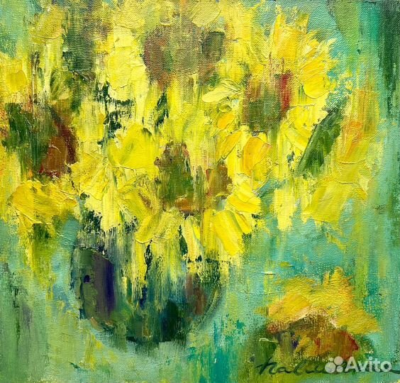 Картина с подсолнухами в вазе натюрморт масло