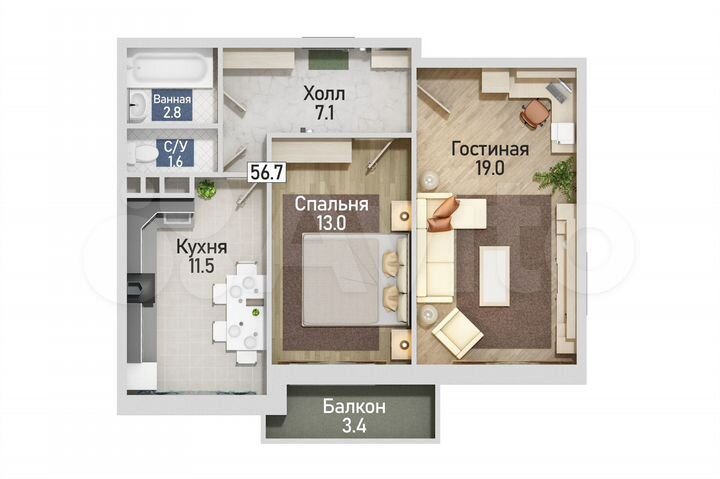 2-к. квартира, 56,7 м², 4/12 эт.