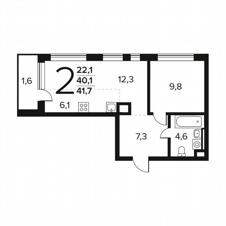 2-к. квартира, 41,7 м², 2/12 эт.