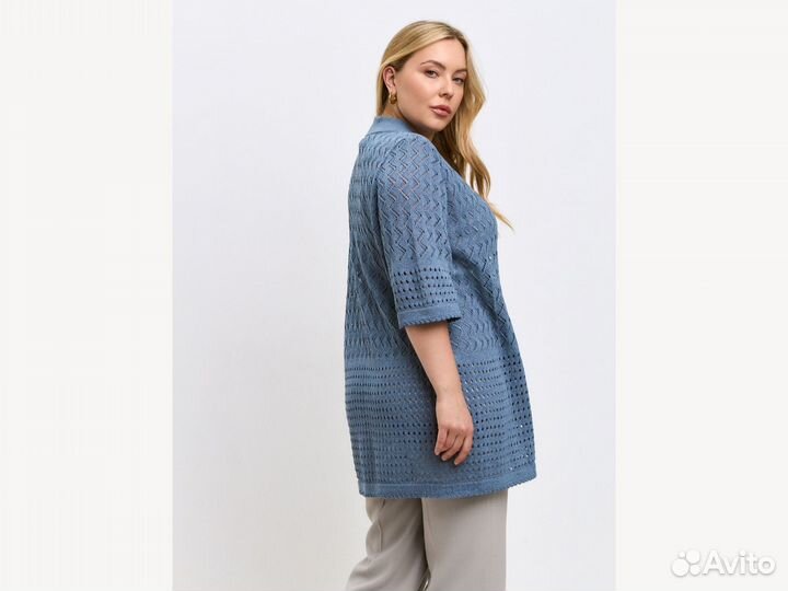 Кардиган ажурный летний хлопковый 58-60 цвет джинс