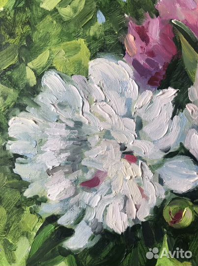 Картина маслом. Букет пионов после дождя