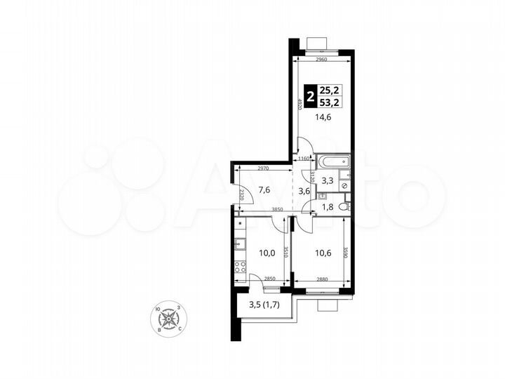 2-к. квартира, 53,2 м², 17/17 эт.