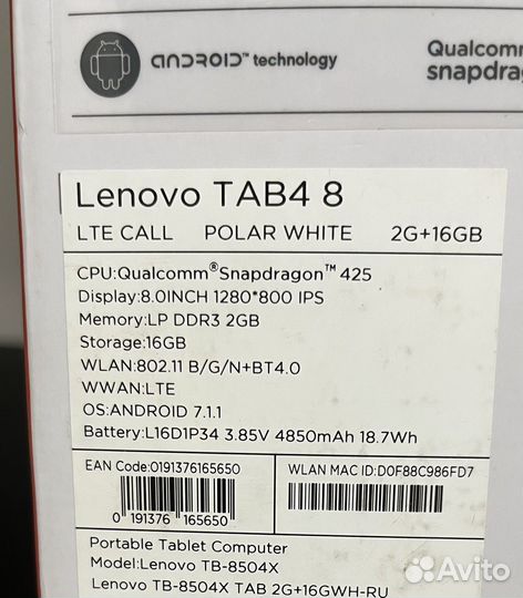 Планшет lenova tab 4 8