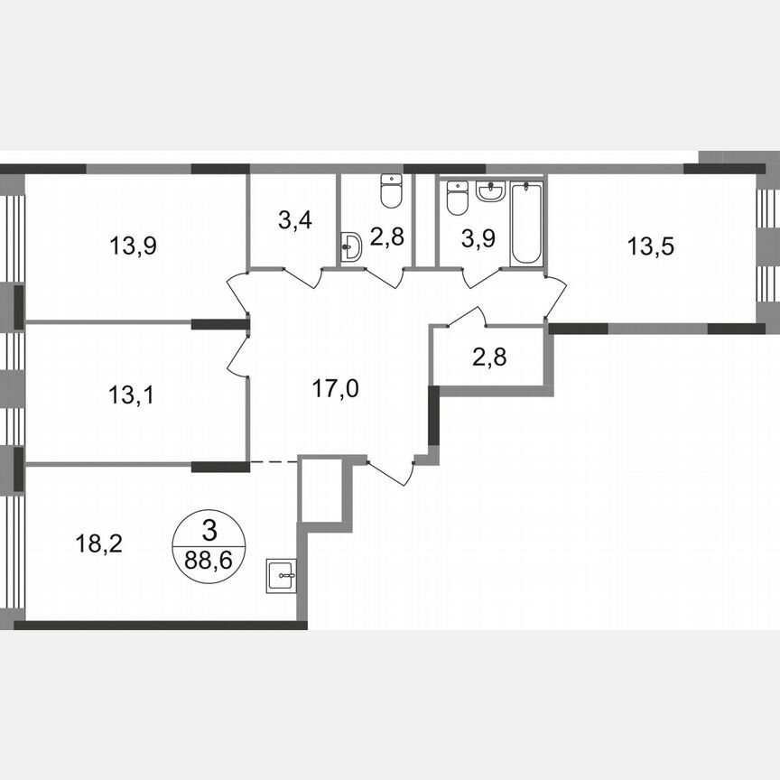 3-к. квартира, 88,6 м², 11/17 эт.