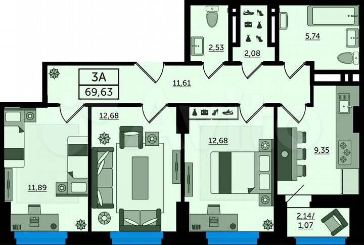 3-к. квартира, 69,6 м², 12/24 эт.