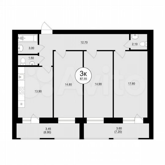 3-к. квартира, 87,6 м², 2/8 эт.