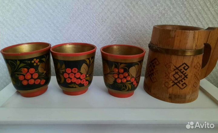 Кружка деревянная и стаканчики