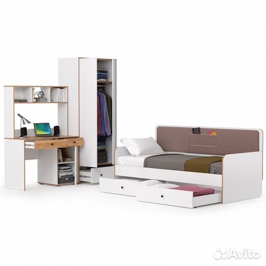 Вуди мебель в детскую с кроватью с ящиками № 38, цвет белый премиум/дуб крафт золотой/саванна латте