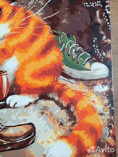 Картина на холсте рыжий кот чистит обувь