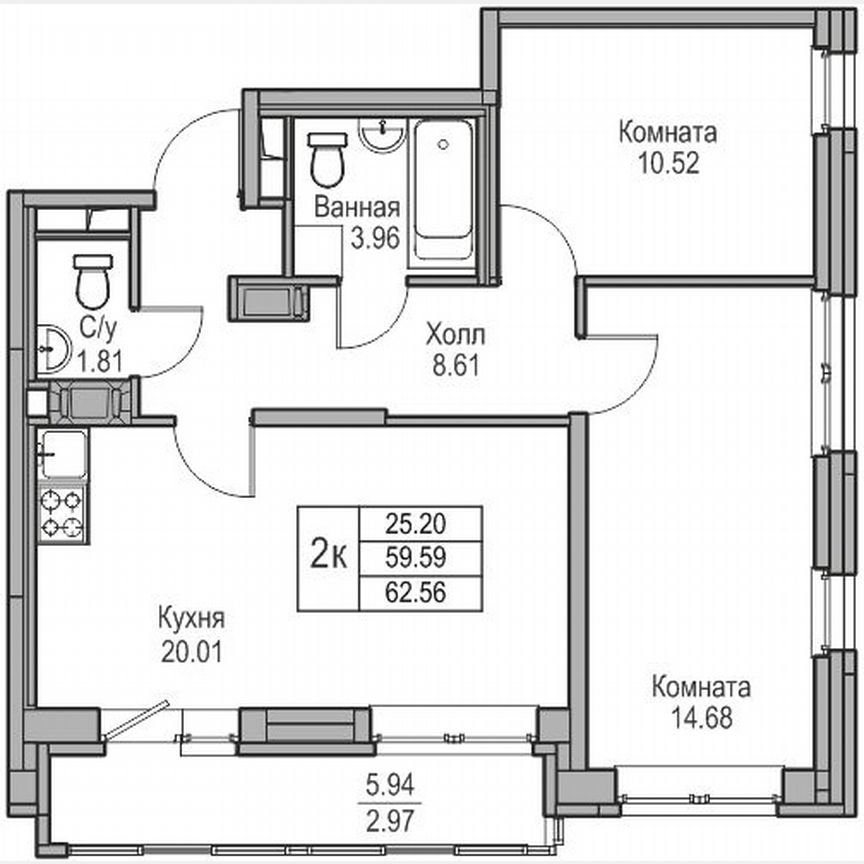 2-к. квартира, 62,6 м², 5/23 эт.