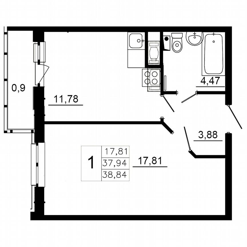 1-к. квартира, 38,6 м², 2/12 эт.