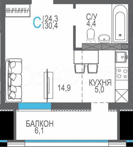 1-к. квартира, 30,4 м², 6/9 эт.