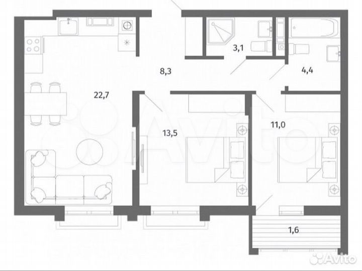 2-к. квартира, 65 м², 2/5 эт.