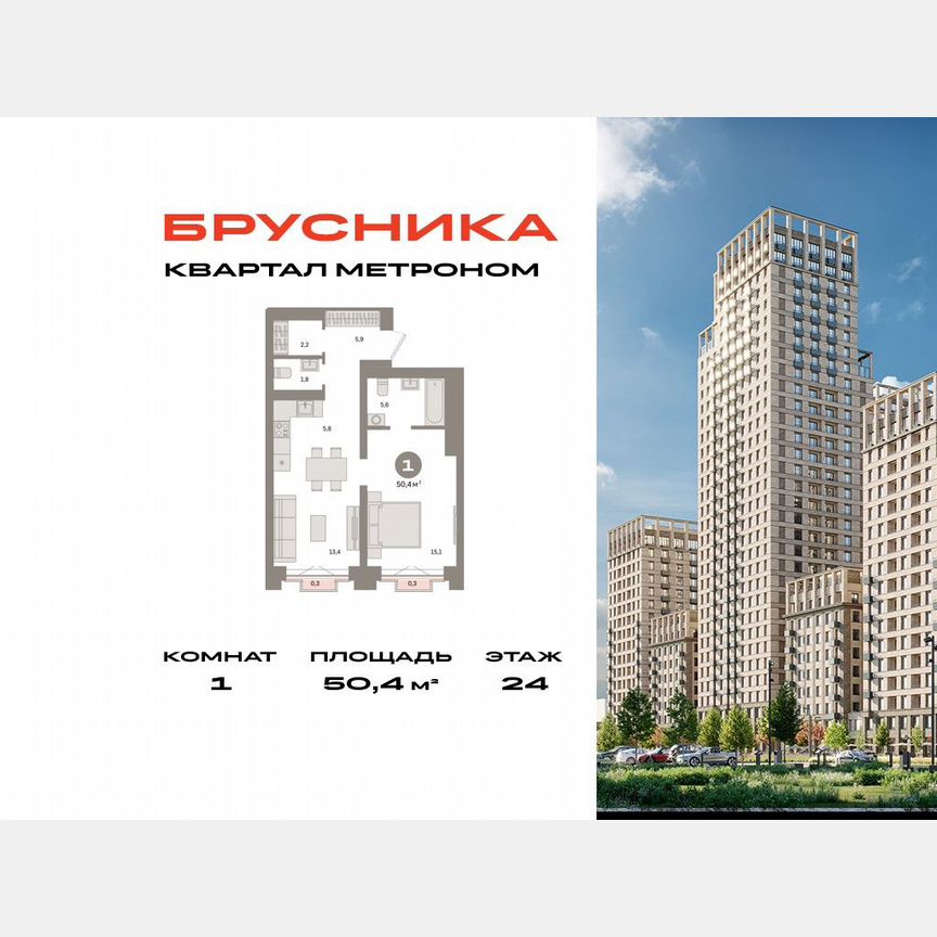 1-к. квартира, 50,4 м², 24/24 эт.