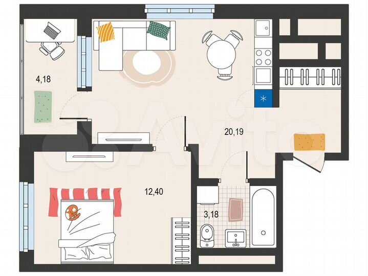1-к. квартира, 40 м², 7/19 эт.